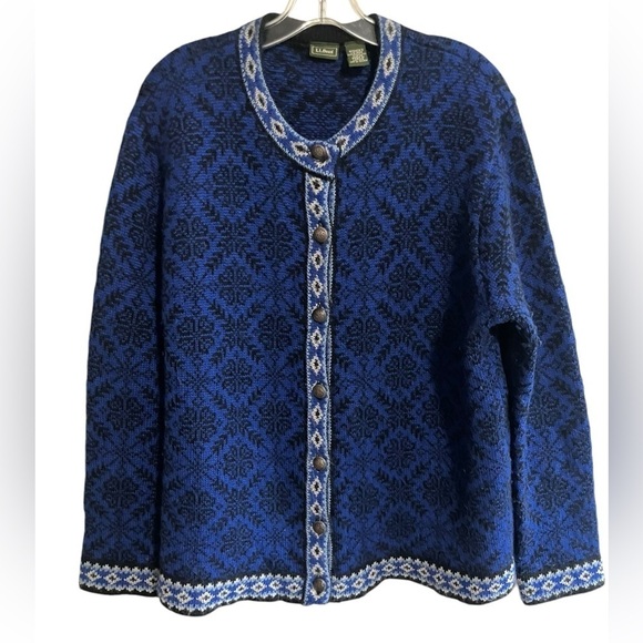 LL Bean Merino Wool Winter Outdoor Comfy FairIsle Nordic Sweater Cardigan Large - Picture 1 of 10
